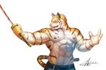  6graycloudp abs armpit_hair blood clothed clothing feline half-dressed katana male mammal melee_weapon muscular navel nipples pecs solo sword tiger topless weapon 