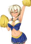  arm_up armpits bare_shoulders blazblue blonde_hair blush breasts bullet_(blazblue) cheerleader cleavage_cutout dark_skin facial_scar hair_ornament large_breasts midriff nose_scar open_mouth pleated_skirt pom_poms scar shaito short_hair skirt solo speed_lines sweatdrop yellow_eyes 