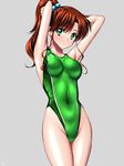  adjusting_hair arena_(company) arms_up bishoujo_senshi_sailor_moon blush breasts brown_hair collarbone competition_swimsuit covered_navel earrings green_eyes grey_background groin hair_bobbles hair_ornament highleg highleg_swimsuit jewelry kino_makoto large_breasts long_hair one-piece_swimsuit ponytail sen_(sansui) shiny shiny_clothes shiny_hair signature simple_background solo swimsuit tying_hair 