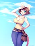  2015 anthro belt big_breasts blue_eyes blush breasts brown_hair cleavage clothed clothing cloud female hair hi_res looking_at_viewer mammal mouse nails one_eye_closed outside pants pastelletta pouch rodent shirt short_hair sky smile solo standing thick_thighs wide_hips 