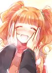  :d ayuko_(ayuco) brown_hair closed_eyes hands_on_another's_face idolmaster idolmaster_(classic) open_mouth scarf smile solo_focus takatsuki_yayoi twintails 