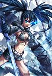  :o artist_name belt bikini_top black_footwear black_hair black_rock_shooter black_rock_shooter_(character) black_shorts blue_eyes boots burning_eye cape chain front-tie_top glowing glowing_eye holding holding_sword holding_weapon knee_boots long_hair midriff navel nayuki scar shorts signature solo sword twintails unzipped v-shaped_eyebrows watermark weapon web_address zipper 