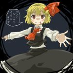  blonde_hair blood blood_on_face bloody_clothes darkness frilled_skirt frills hair_ribbon highres red_eyes ribbon rumia shirt short_hair skirt solo touhou translated umo vest 