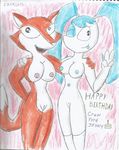  2015 anthro blue_hair breasts canine captain-cheto duo english_text fauna_fox female fox friends front_view fur hair hand_on_shoulder happy jenny_wakeman machine mammal multicolored_fur my_life_as_a_teenage_robot nickelodeon nipples nude one_eye_closed orange_fur pussy robot smile text tongue tongue_out traditional_media_(artwork) two_tone_fur white_fur white_sclera wink 