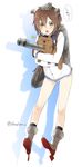  :o animal animal_hug bag beaver binoculars black_legwear blush boots brown_eyes brown_hair dress full_body grey_footwear hat headgear kantai_collection mini_hat open_mouth peaked_cap sailor_dress short_hair shoulder_bag sino_(sionori) socks solo speech_bubble yukikaze_(kantai_collection) 