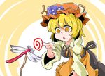  @_@ aki_minoriko blonde_hair bug dragonfly dress food fruit grapes hat highres insect open_mouth shinapuu short_hair solo touhou 