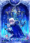  armor blue_eyes cape flower male_focus mura_karuki original rose silver_hair skull solo stained_glass sword weapon 
