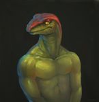  abstract_background ambiguous_gender anthro front_view gecko green_body grey_background half-closed_eyes half-length_portrait klongi lizard long_mouth looking_at_viewer muscular no_sclera nude red_body reptile scalie simple_background slit_pupils snout solo yellow_eyes 