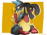  ambiguous_gender anthro blush canine embarrassed feet fur hindpaw long_ears looking_back lucario mammal mega_evolution mega_lucario nintendo pawpads paws pok&eacute;mon ragujuka spikes sweat video_games yellow_fur 