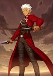  archer brown_hair dark_skin dark_skinned_male fate/grand_order fate/stay_night fate_(series) holding holding_sword holding_weapon looking_at_viewer male_focus official_art resized silver_hair sky solo sword takeuchi_takashi upscaled waifu2x weapon 