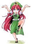  blue_eyes braid fighting_stance hat highres hong_meiling long_hair open_mouth red_hair shinapuu solo touhou twin_braids very_long_hair 