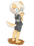  anthro barefoot blush butt canine clothing cub digital_media_(artwork) embarrassed high-angle_shot hoodie looking_at_viewer looking_back male mammal manmosu_marimo rear_view solo spiral_eyes standing tenting tight_pants unknown_character young 
