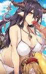  bandages bikini blush_stickers breast_press breasts censored cloud danua day draph fellatio granblue_fantasy gretel_(granblue_fantasy) hidebuu horns large_breasts looking_at_viewer mosaic_censoring oral penis pointy_ears red_eyes skindentation sky solo_focus swimsuit tongue tongue_out white_bikini 