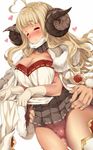  ahoge anila_(granblue_fantasy) blonde_hair blush breasts censored cleavage closed_eyes cum draph gloves granblue_fantasy heart hidebuu horns large_breasts long_hair mosaic_censoring penis pussy sheep_horns simple_background skirt solo_focus thigh_sex torso_grab white_background 