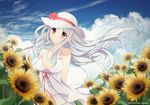  alternate_costume arms_behind_back artist_name blue_sky blush breasts casual cleavage cloud cloudy_sky collarbone day dress flower hat hat_flower hat_ribbon hibiscus kantai_collection large_breasts light_smile long_hair looking_at_viewer mimamui o-ring o-ring_top outdoors ribbon shoukaku_(kantai_collection) sky smile solo spaghetti_strap summer sun_hat sundress sunflower upper_body white_hair wind 