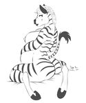  2012 anthro areola belly big_belly big_breasts breasts butt english_text equine female hair hooves looking_at_viewer looking_back mammal mohawk monochrome nightfaux nipples nude pregnant raised_tail rear_view side_boob simple_background sitting solo stripes text underhoof white_background zebra 