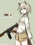  :d animal_ears blonde_hair character_name cowboy_shot eugenia_horbaczewski green_background green_eyes gun holding holding_gun holding_weapon kinosaki_(green_patio) long_sleeves military military_uniform open_mouth short_hair simple_background smile solo submachine_gun tail thompson_submachine_gun trigger_discipline twitter_username uniform weapon wolf_ears wolf_tail world_witches_series 