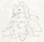  2015 animal_genitalia anus belly chubby female feral ivysaur looking_at_viewer monochrome nintendo open_mouth pencil_(artwork) plant pok&eacute;mon presenting pussy simple_background sketch smile solo spreading tongue tongue_out traditional_media_(artwork) video_games white_background yaroul 