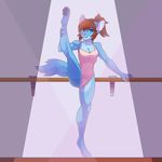  anthro ballerina barre blue_eyes blue_fur breasts brown_hair canine cleavage clothed clothing countershading female flexible fox fur hair inside leotard looking_at_viewer mammal no_pupils okka pink_nose raised_leg smile solo spotlight standing teeth 