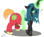  2015 animal_genitalia big_macintosh_(mlp) caely changeling equine female friendship_is_magic fur horse looking_at_viewer magic male mammal my_little_pony penis pony queen_chrysalis_(mlp) simple_background transformation wings 
