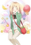  :d ^_^ bag balloon blonde_hair bunny cardigan closed_eyes cloud commentary_request crescent_moon dress_shirt flag food fruit hand_on_own_cheek moon open_cardigan open_clothes open_mouth rainbow shirt shoulder_bag sino_(sionori) smile solo star strawberry 