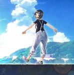  :d black_hair black_shirt blue_sky brown_hair cloud day looking_at_viewer mocha_(cotton) mountain open_mouth original outdoors overalls pants pants_rolled_up shirt shoes short_hair sky smile sneakers solo sun_glare t-shirt 