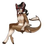  2015 alpha_channel anthro black_hair blue_eyes breasts brown_fur fangs featureless_crotch female fur hair half-closed_eyes hybrid inner_ear_fluff looking_at_viewer multicolored_hair navel nude okka simple_background sitting smile solo teeth transparent_background two_tone_hair 