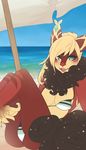  beach bikini blonde_hair breasts brown_fur butt clothed clothing countershading fur hair half-closed_eyes legs_up looking_at_viewer neck_tuft no_pupils okka open_mouth outside parasol red_fur seaside sitting sky smile swimsuit tan_fur teal_eyes teeth tongue tuft unknown_species water 
