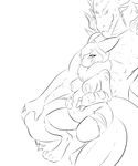 2012 anthro bandage belly big_belly blush breasts canine covering crouching digimon dragon duo english_text fan_character fox fur hair horn mammal monochrome navel nightfaux pregnant renamon scales simple_background size_difference text tuft verin_asper white_background 