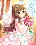  artist_request bouquet brown_hair dress earrings elbow_gloves eyebrows flower gloves hair_bun highres idolmaster idolmaster_cinderella_girls jewelry kamiya_nao long_hair looking_at_viewer necklace official_art red_eyes resized solo sparkle tiara upscaled veil waifu2x wedding_dress 