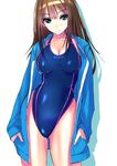  brown_hair collarbone competition_swimsuit earrings green_eyes hands_in_pockets highres idolmaster idolmaster_cinderella_girls jacket jewelry long_hair nenchi one-piece_swimsuit shibuya_rin simple_background solo standing swimsuit 