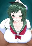  breasts commentary_request cum cum_on_body cum_on_breasts cum_on_upper_body facial green_hair han_(jackpot) huge_breasts looking_at_viewer murasa_minamitsu paizuri paizuri_under_clothes short_hair smile solo_focus touhou uniform 