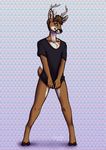  6cans_(artist) abstract_background antlers black_nose blue_eyes blush brown_fur brown_hair cervine chest_tuft clothing deer fur hair horn male mammal shirt smile solo tuft tzarious 