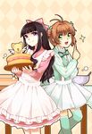  :d apron aqua_legwear argyle argyle_background bangs black_hair blunt_bangs bow bowl bowtie brown_hair cake cardcaptor_sakura daidouji_tomoyo dress drill_hair food fruits_candy kero kinomoto_sakura liubenxun long_hair long_sleeves mixing_bowl multiple_girls open_mouth petticoat purple_eyes short_dress short_hair simple_background smile thighhighs turtleneck twin_drills yellow_background zettai_ryouiki 