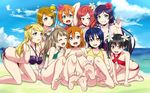  ayase_eli barefoot beach bikini binetsu_kara_mystery blonde_hair cutie_panther day everyone feet highres hoshizora_rin koizumi_hanayo kousaka_honoka long_hair love_live! love_live!_school_idol_project minami_kotori multiple_girls nishikino_maki one_eye_closed panimiiru pure_girls_project short_hair sitting sonoda_umi swimsuit toujou_nozomi twintails wallpaper yazawa_nico 