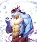  6graycloudp abs biceps blue_eyes bubble clothed clothing dragon half-dressed male muscular pecs pipe smoking solo topless 