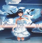 aircraft airplane anchor_symbol bird choker cloud cloudy_sky commentary_request day dress earrings glasses jewelry long_hair necklace original siqi_(miharuu) sky solo wading weapon 