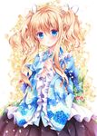  :o black_skirt blonde_hair blue_eyes blush bow floral_print hair_ribbon hands_together looking_at_viewer nogi_takayoshi original petals ribbon sidelocks skirt solo wide_sleeves 