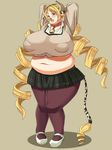  1girl bell belly blonde_hair breasts collar cow_girl cow_tail drill_hair fat horns huge_breasts mahou_shoujo_madoka_magica navel nose_ring piercing sakumatyann solo tail tomoe_mami twin_drills yellow_eyes 