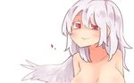  1girl blush breasts colored_eyelashes heart kishin_sagume looking_at_viewer nude red_eyes short_hair silver_hair simple_background single_wing smile solo sweatdrop touhou upper_body waira white_background wings 