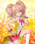  artist_request bare_shoulders boots bow bracelet breasts earrings eyelashes hand_on_hip highres idolmaster idolmaster_cinderella_girls jewelry jougasaki_mika knee_boots long_hair medium_breasts microphone official_art one_eye_closed pink_hair resized skirt solo twintails upscaled waifu2x white_footwear 