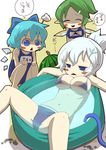  :&lt; bikini blue_eyes blue_hair blush_stickers bow cirno daiyousei hair_bow ice letty_whiterock multiple_girls open_mouth short_hair swimsuit touhou translated wings zannen_na_hito 