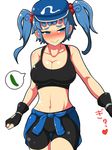  ass_visible_through_thighs bike_shorts black_gloves blue_eyes blue_hair blush breasts censored cleavage clothes_around_waist collarbone commentary covered_nipples cowboy_shot cucumber ears embarrassed eyebrows fingerless_gloves full-face_blush gloves hair_bobbles hair_ornament highres implied_masturbation kawashiro_nitori large_breasts looking_down looking_to_the_side mosaic_censoring navel simple_background smile solo spoken_food sports_bra stomach thigh_gap thighs toned touhou translated twintails two_side_up wade white_background 
