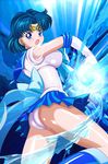  ass bishoujo_senshi_sailor_moon blue_eyes blue_footwear blue_hair blue_sailor_collar blue_skirt boots bow breasts choker earrings elbow_gloves gloves jewelry knee_boots leotard magical_girl medium_breasts mizuno_ami pirochi sailor_collar sailor_mercury sailor_senshi_uniform short_hair skirt solo tiara water white_gloves 