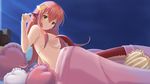  areolae bed_sheet breasts commentary_request covering_nipples frilled_pillow frills hair_ornament hairclip heart heart_pillow lamia light_rays light_smile medium_breasts miia_(monster_musume) monster_girl monster_musume_no_iru_nichijou nail_polish nude orange_eyes pillow pointy_ears red_hair scales sideboob slit_pupils smile solo under_covers z_-_chcrghan 