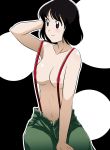  1girl adjusting_hair areola_slip areolae asakura_minami bare_shoulders black_eyes black_hair blush breasts kakkii medium_breasts navel no_bra open_fly short_hair smile solo suspenders touch_(manga) 