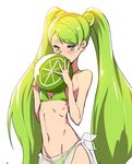  bad_id bad_twitter_id ball bangs beachball bikini blush breasts cookie_run covering_mouth cowboy_shot food fruit green green_bikini green_eyes green_hair hair_ornament halterneck highres lime_(fruit) lime_cookie long_hair navel original personification sarong see-through simple_background small_breasts solo supernew swept_bangs swimsuit twintails very_long_hair white_background 