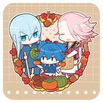  acorn basket berry blue_eyes blue_hair chibi closed_eyes food fruit hysd japanese_clothes kousetsu_samonji leaf male_focus multiple_boys open_mouth persimmon pink_hair ponytail pumpkin sayo_samonji smile souza_samonji touken_ranbu 