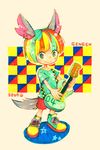  animal_ears blonde_hair blue_eyes character_name copyright_name gengen_(show_by_rock!!) guitar instrument male_focus marker_(medium) multicolored_hair shirt shoes shorts show_by_rock!! smile sneakers solo standing streaked_hair t-shirt tail traditional_media wataori_(ippuku_shimasho) 