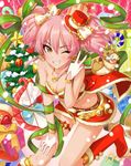  artist_request bandeau boots breasts christmas christmas_tree cleavage earrings eyelashes gloves grin hat highres idolmaster idolmaster_cinderella_girls jewelry jougasaki_mika jpeg_artifacts long_hair merry_christmas mini_hat necklace official_art one_eye_closed pink_hair red_footwear reindeer resized santa_boots santa_costume small_breasts smile solo twintails upscaled v waifu2x white_gloves yellow_eyes 